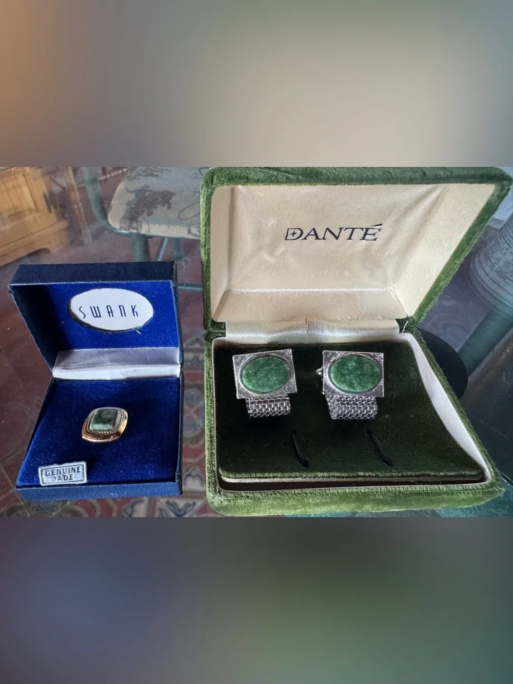 Vintage Mid Century Swank Tie Pin Genuine Jade & Dante Cufflinks Original Boxes!